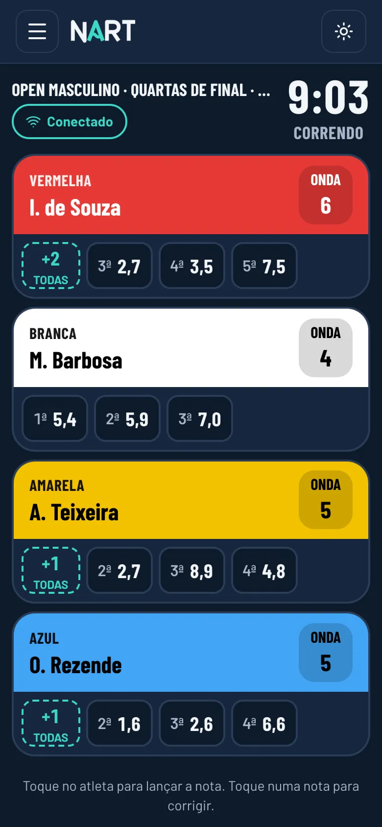 Tela do juiz no celular, lançando as notas