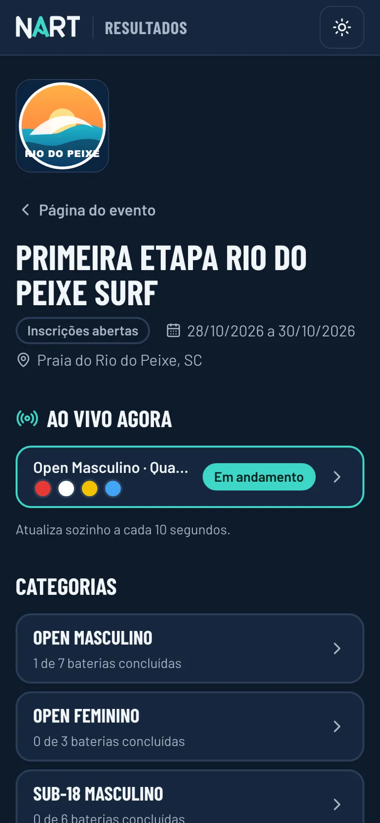 Resultados públicos no celular, com a bateria ao vivo