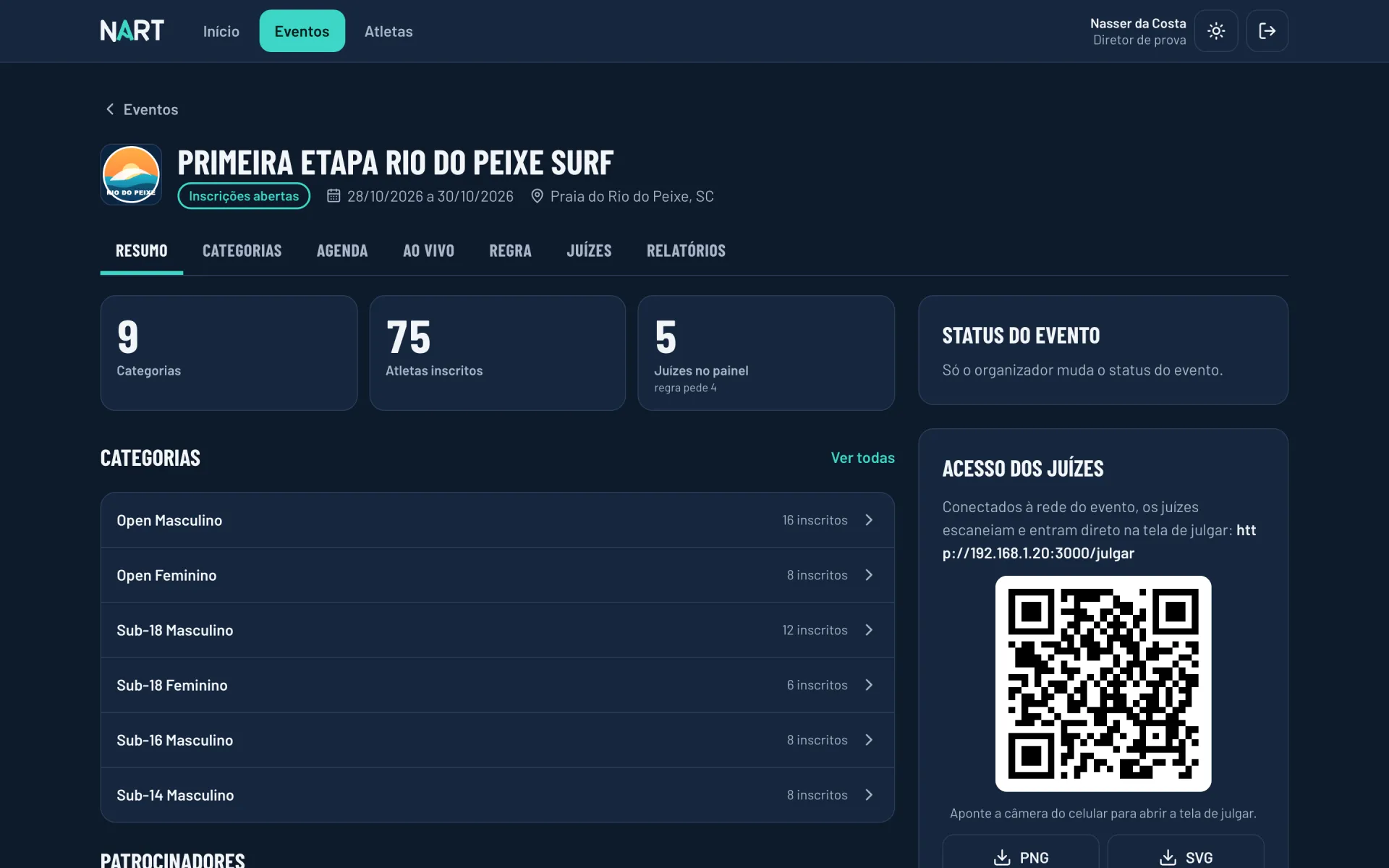Resumo do evento com o QR code de acesso dos juízes