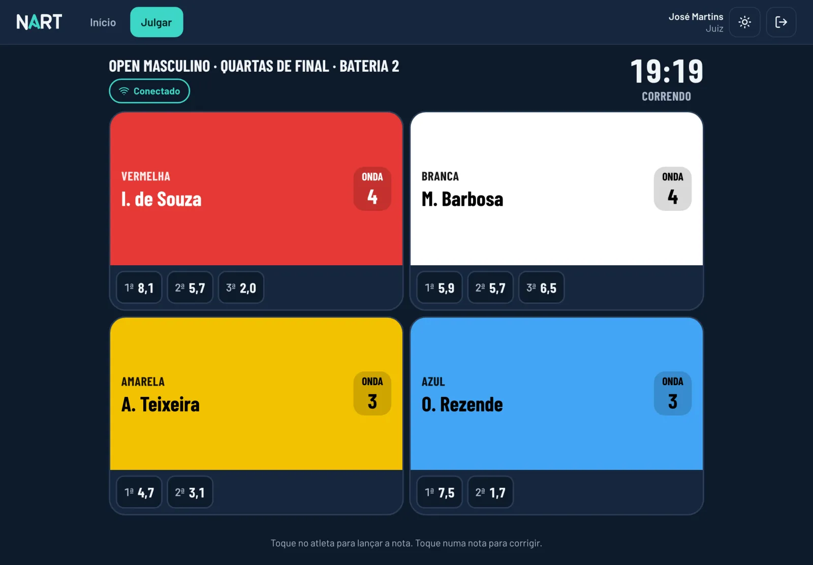 Tela do juiz no tablet, com uma cor de lycra por atleta
